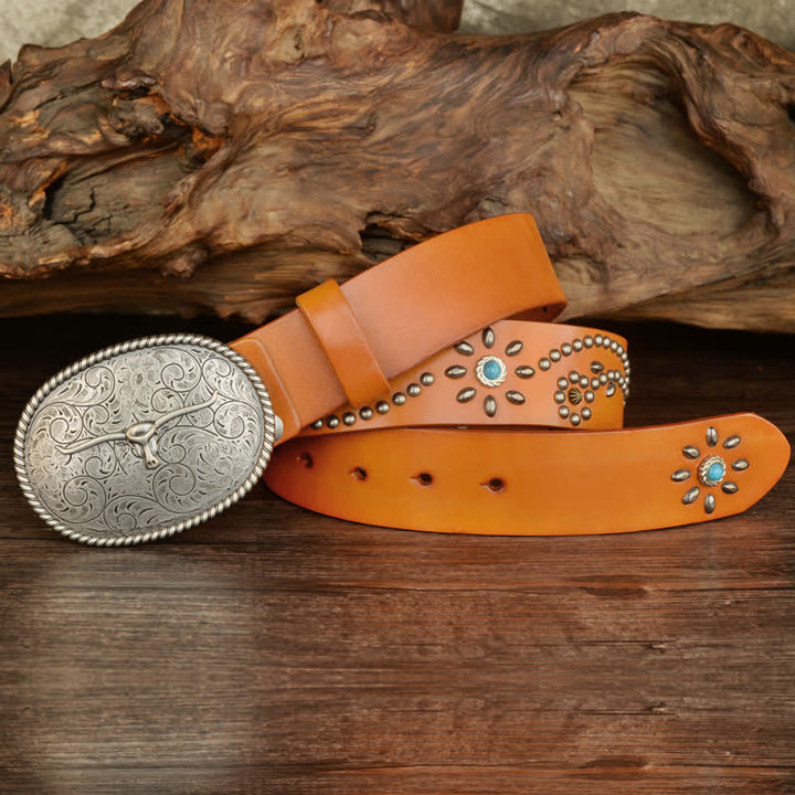 Men's Punk Rivet Longhorn Bull Turquoise Real Leather Belt - image 1