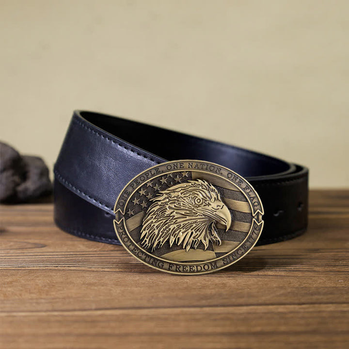 Men's DIY Patriotic Bald Eagle USA Flag Buckle Leather Belt - Antique Bronze - Black PU Belt (40) - image 5