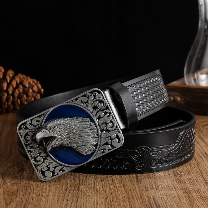 Men's Rectangular Bald Eagle Head Western Leather Belt - Black #2 - 42 - image 2