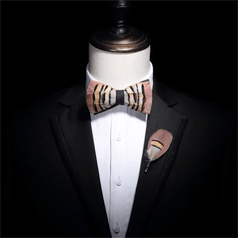 Brown & LightCoral Genius Chinchilla Feather Bow Tie with Lapel Pin - image 2