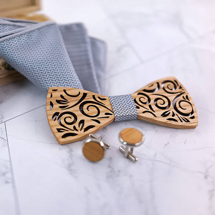 4Pcs Men's Hollow Leaf Design Wooden Bow Tie Set - image 6