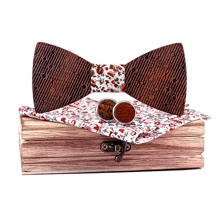 3Pcs Men's Hollow Leaves-shaped Wooden Bow Tie Set - White Floral - image 9