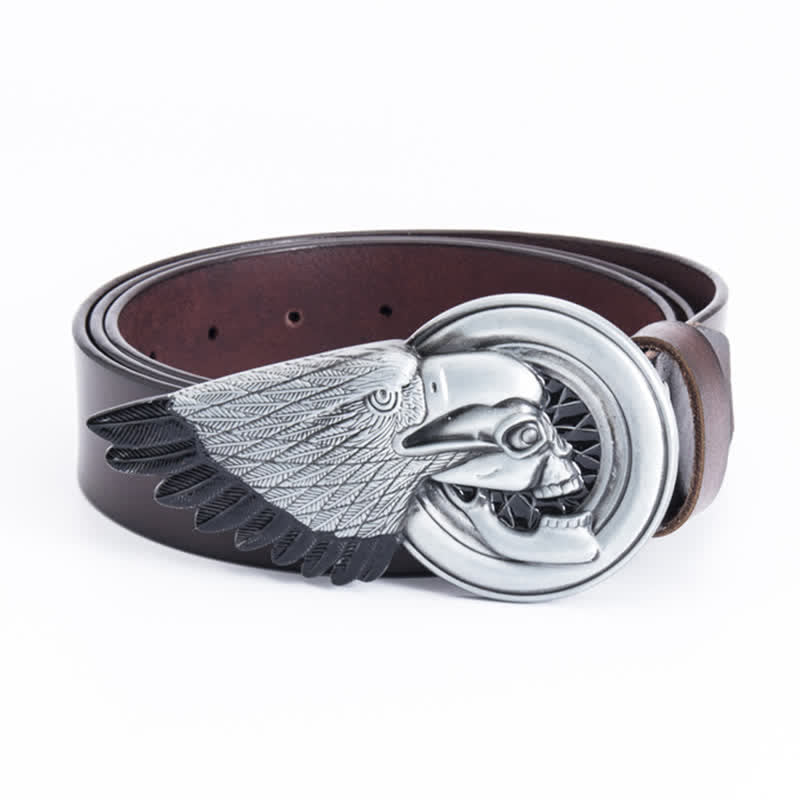 Men's Gothic Eagle Skull Leather Belt - Coffee - 46 - image 0