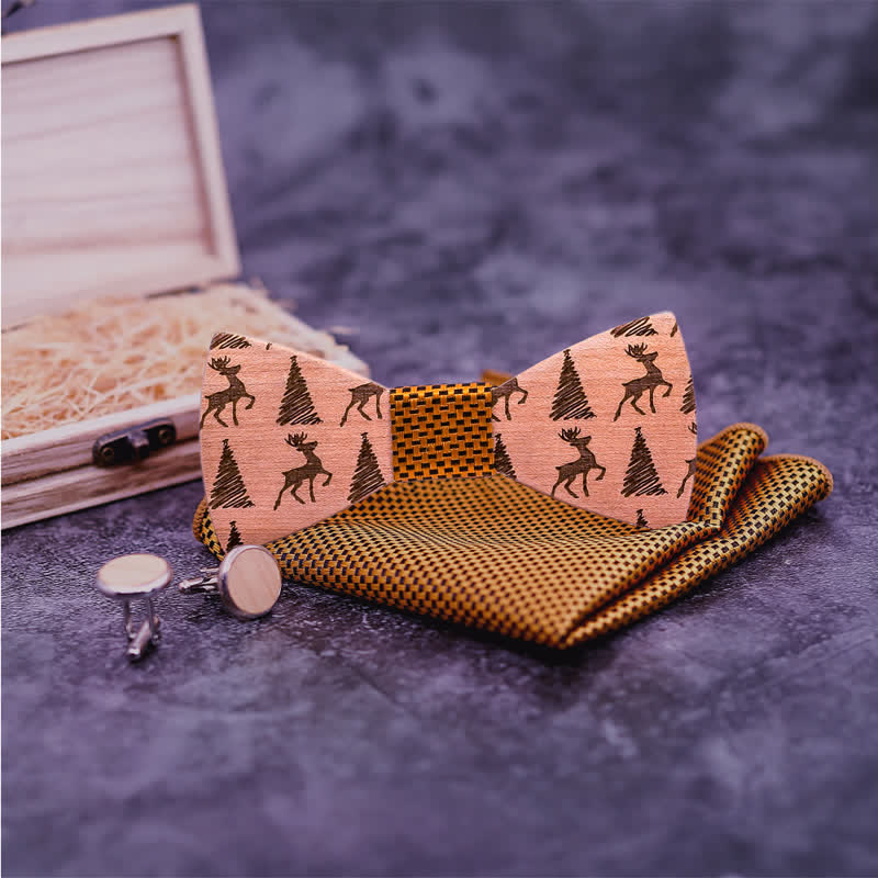 3Pcs Men's Christmas Tree Deer Pattern Wooden Bow Tie Set - image 1