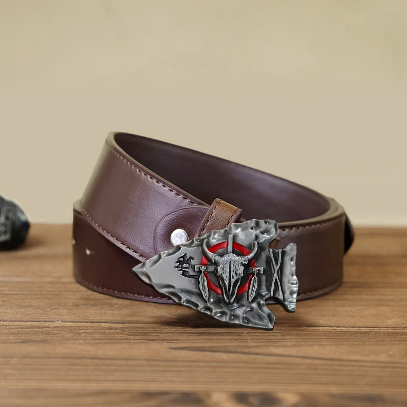 Men's DIY Arrowhead Shaped Bull Buckle Leather Belt - Antique Silver - Brown PU Belt (40) - image 11