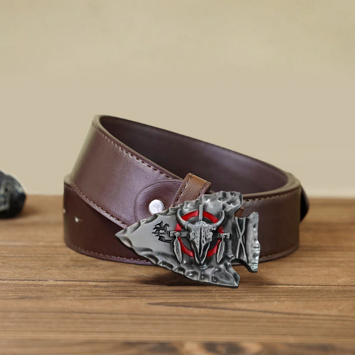 Men's DIY Arrowhead Shaped Bull Buckle Leather Belt - Antique Silver - Brown PU Belt (40) - image 11