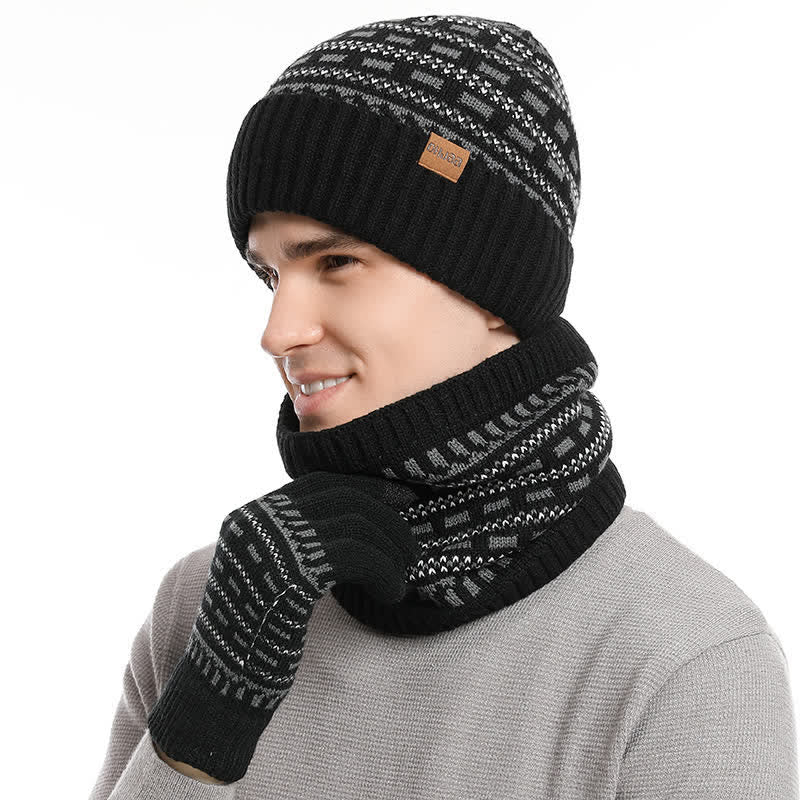 3Pcs Loose Double Layer Knit Hat Scarf Gloves Set - Black - Adjustable (22"-23 5/8") - image 10
