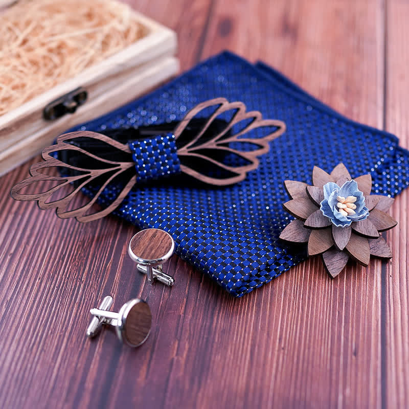 4Pcs Men's Hollow Leaves-shaped Wooden Bow Tie Set - image 4