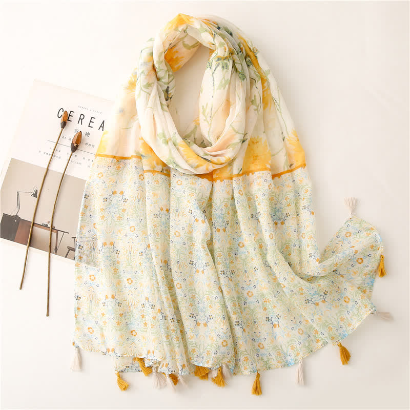 Women's Floral Soft Cape Wheat Fringe Scarf - Green - image 8