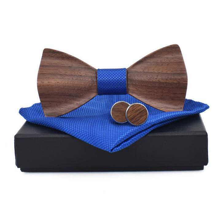 3Pcs Men's Plain Checkered Wooden Bow Tie Set - Royal - image 5