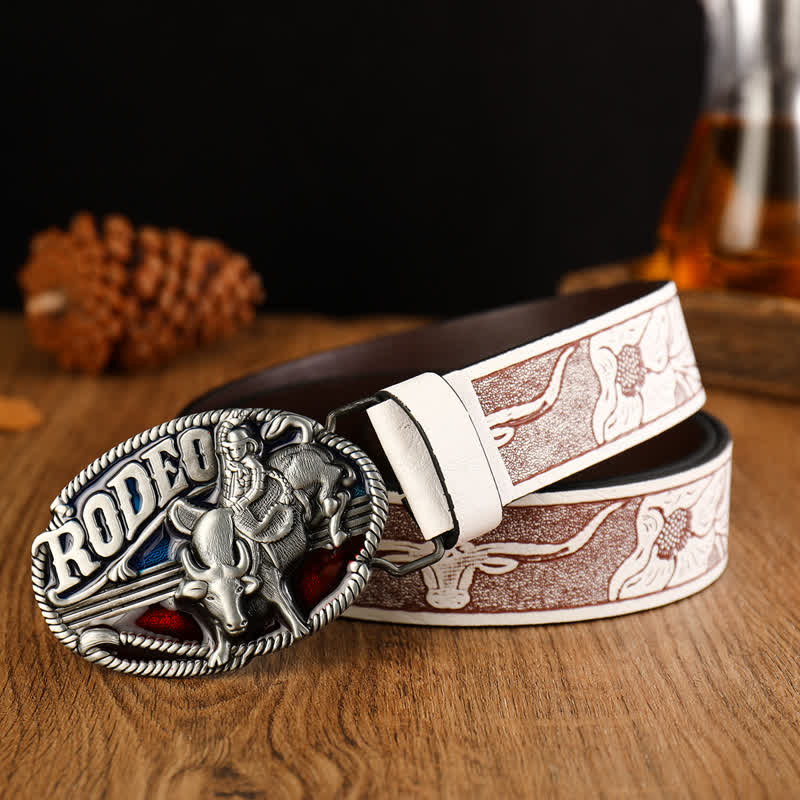 Men's Rodeo Bullfighting White Embossed Leather Belt - image 2