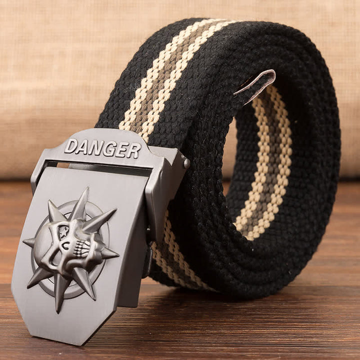 Men's Automatic Skull Buckle Woven Canvas Belt - Black Striped - 42 - image 10