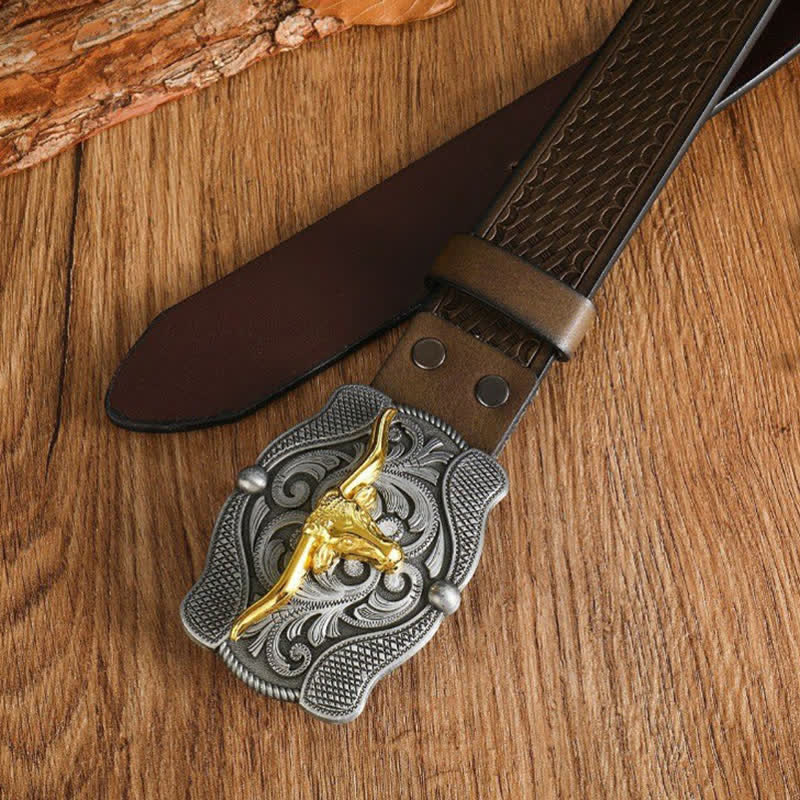 Men's Square Golden Longhorn Bull Leather Belt - image 18