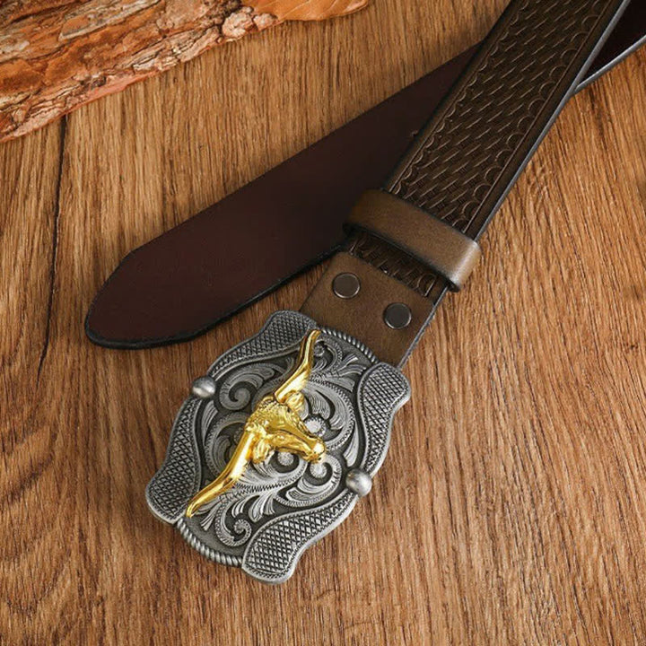 Men's Square Golden Longhorn Bull Leather Belt - image 18