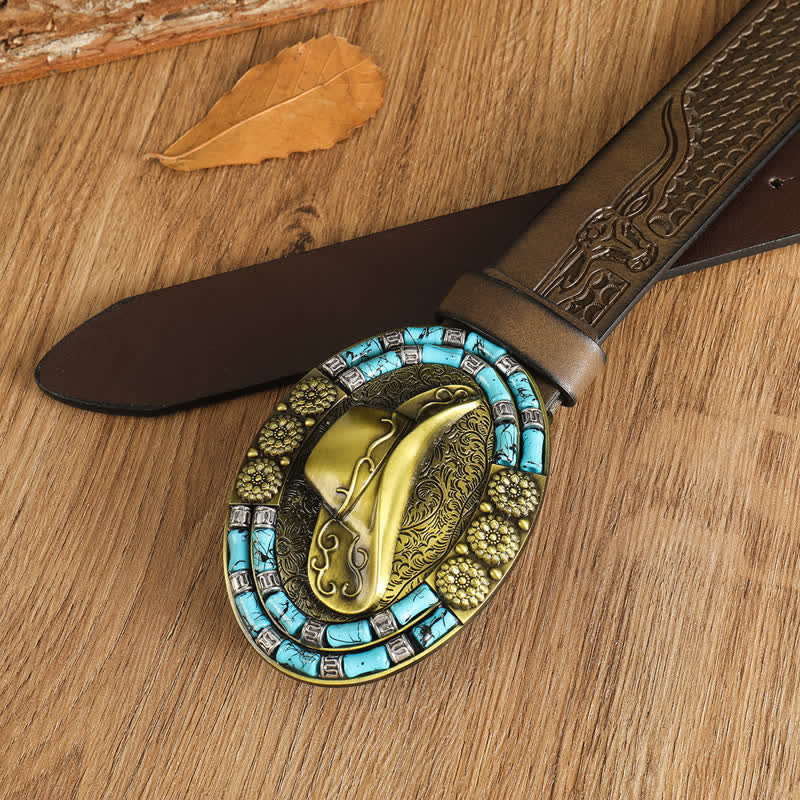 Men's Cowboy Gold Hat Turquoise Decor Leather Belt - image 1