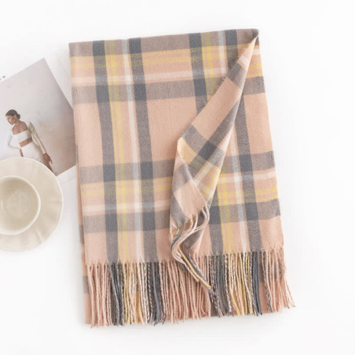Women's Versatile British Checked Fringe Scarf - Pink - image 12