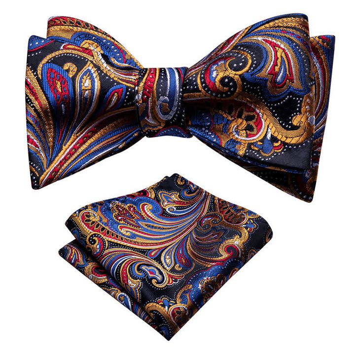 2Pcs Men's Gold & Blue Paisley Bow Tie Pocket Square Set - image 2