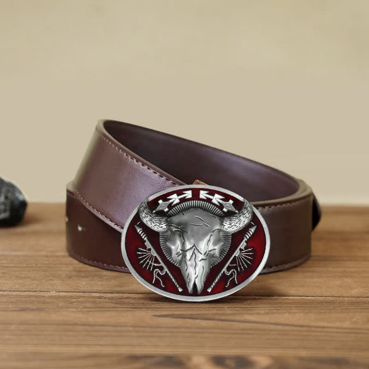 Men's DIY Indian Theme Bull Skull Buckle Leather Belt - Dark Red - Brown PU Belt (40) - image 8