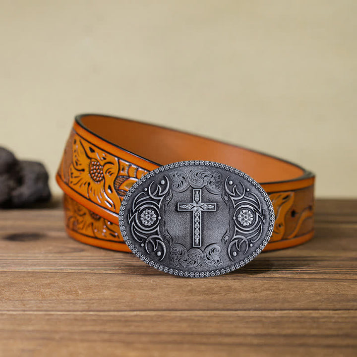 Men's DIY Faith Cross Floral Buckle Leather Belt - Antique Silver - Orange Carved Belt (40) - image 23