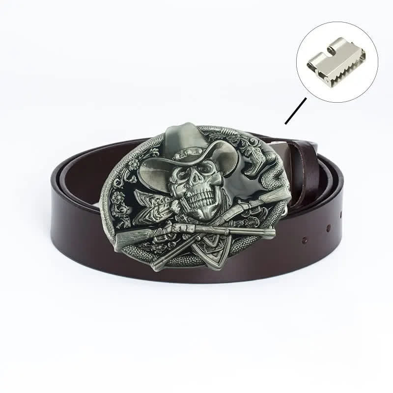 Men's Pirate Skull Cross Guns Leather Belt - Iron Linker - Brown / Black Glaze - 46 - image 22