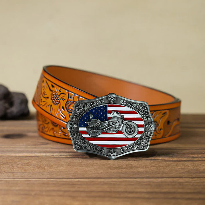 Men's DIY Motorcycle USA Flag Skull Buckle Leather Belt - Motorcycle - Orange Carved Belt (40) - image 15