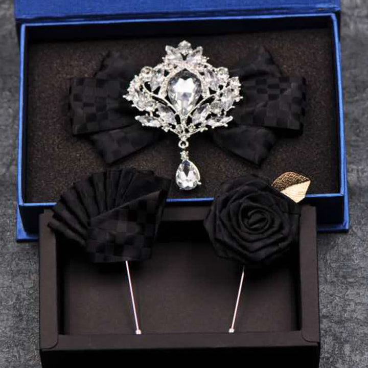 3Pcs Checker Rhinestone Brooch Bow Tie Set - Black - image 5