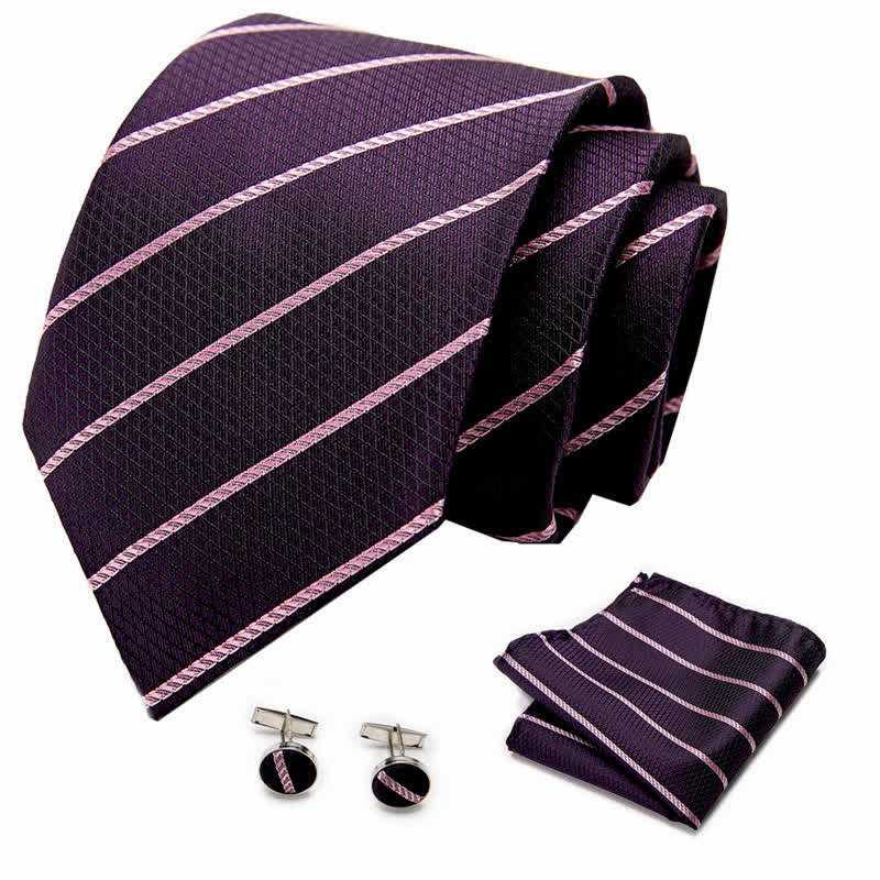 3Pcs Men's Trendy DarkMagenta Striped Necktie Set - image 1