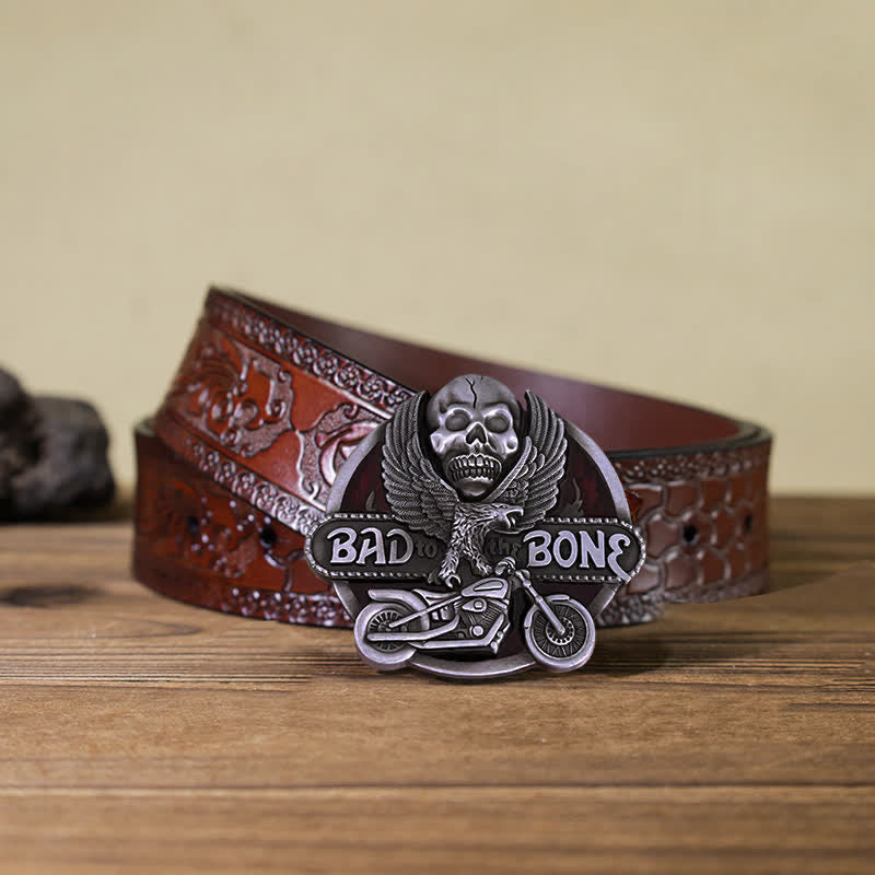 Men's DIY Eagle Skull Biker Bad To The Bone Buckle Leather Belt - Back To The Bone - Brown Carved Belt (40) - image 11