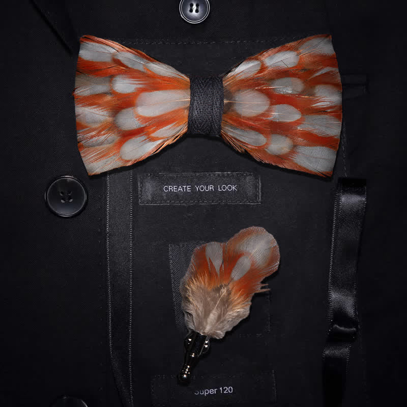 Orange & White Warmth Feather Bow Tie with Lapel Pin - image 0