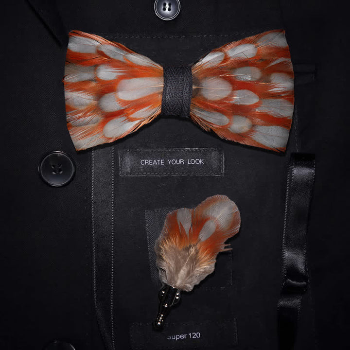 Orange & White Warmth Feather Bow Tie with Lapel Pin - image 0
