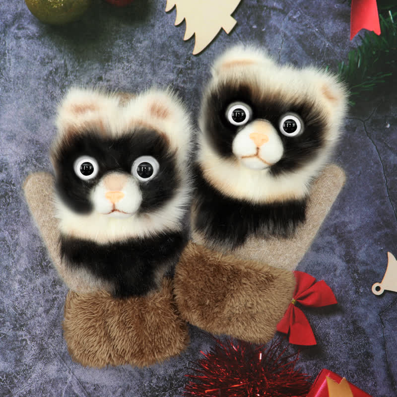 Women's Cute Animal Furry Mittens Gloves - Camel Raccoon - image 0