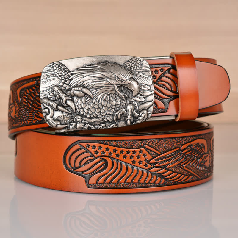 Men's Mighty Eagle Sharp Claw Automatic Buckle Leather Belt - Brown / Silver - 46 - image 11