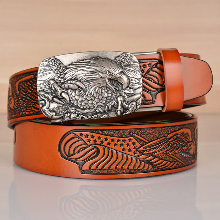 Men's Mighty Eagle Sharp Claw Automatic Buckle Leather Belt - Brown / Silver - 46 - image 11