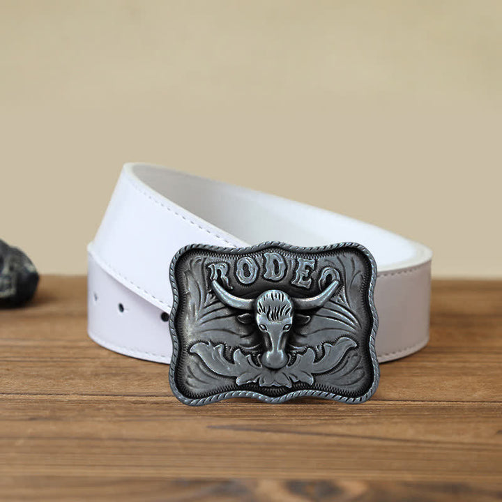 Men's DIY Silver Longhorn Bull Rodeo Buckle Leather Belt - Longhorn Bull - White PU Belt (40) - image 5