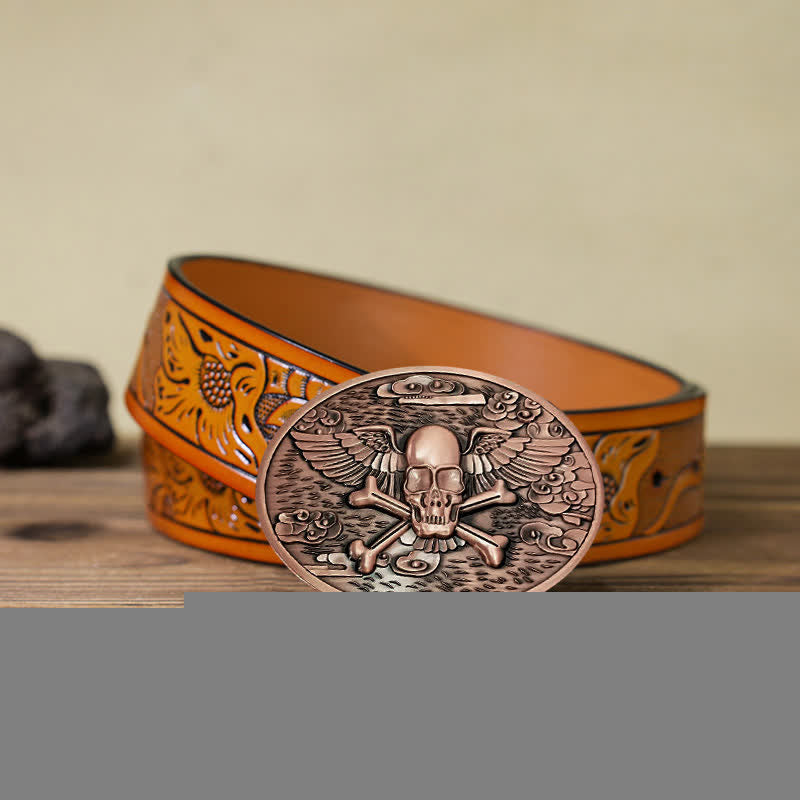 Men's DIY Skull Angel Creative Beer Holder Buckle Leather Belt - Copper - Orange Carved Belt (40) - image 34