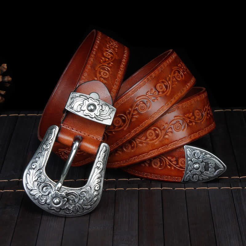 Unisex Rustic Texture Flower Printing Leather Belt - image 2