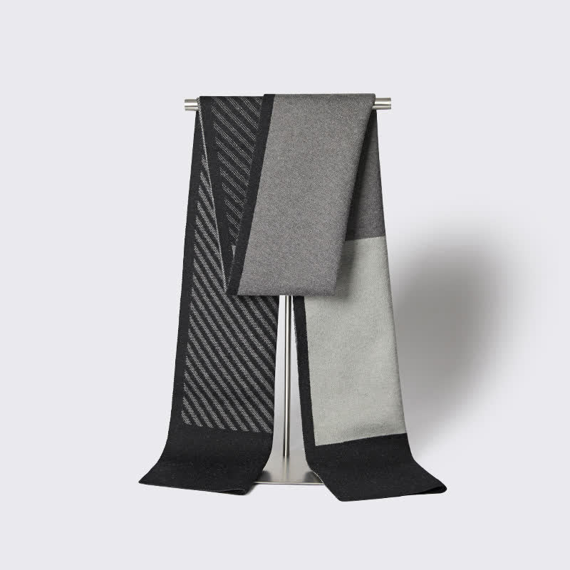 Men's Color Contrast Striped Pure Wool Scarf - Black - image 6