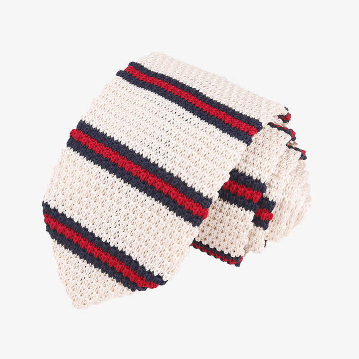 Men's Horizonal Striped Knitted Necktie - White & Red - image 2