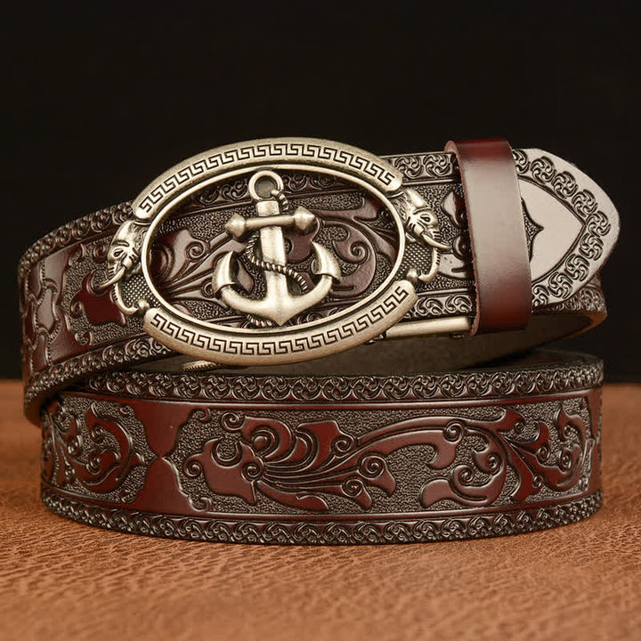 Men's Nautical Anchor Buckle Leather Belt - Silver & Brown - 46 - image 12