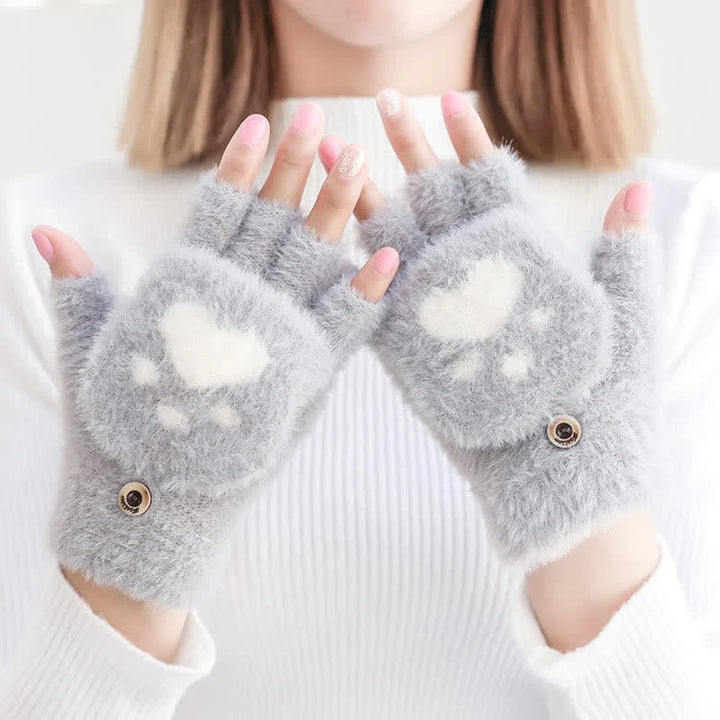 Women's Warm Cat Paw Print Mittens Fluffy Gloves - Gray - image 0