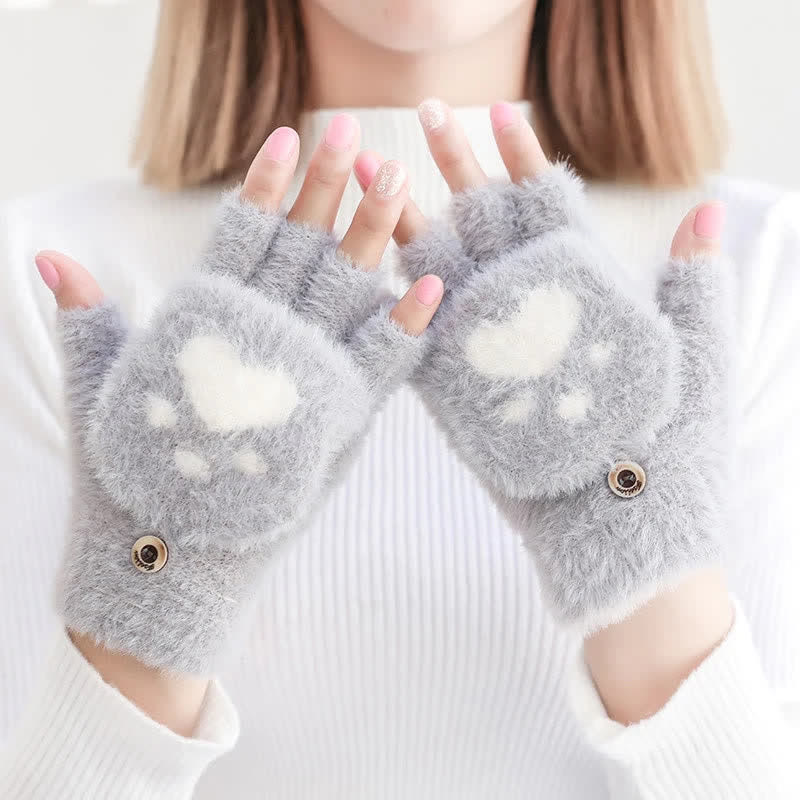 Women's Warm Cat Paw Print Mittens Fluffy Gloves - Gray - image 0