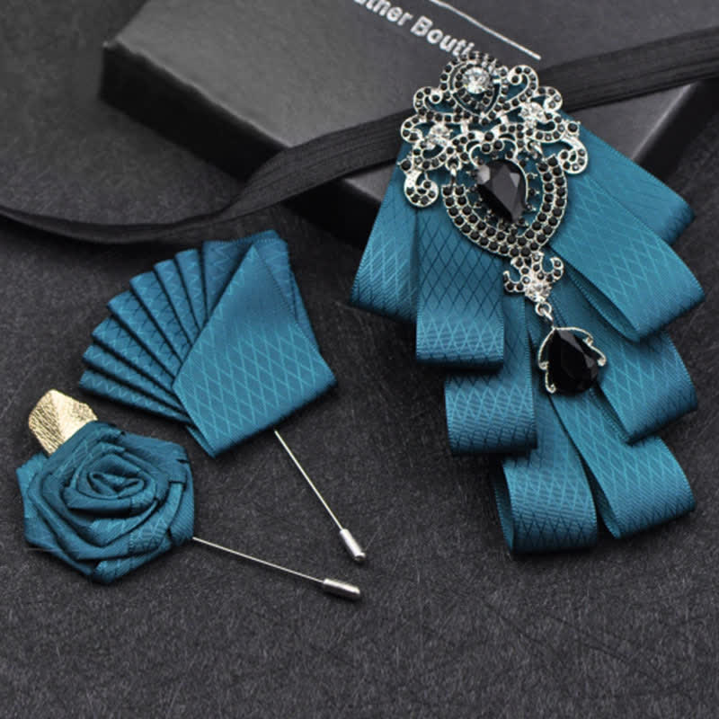 3Pcs Plaid Black Rhinestone Bow Tie Set - Green Lattice - image 9