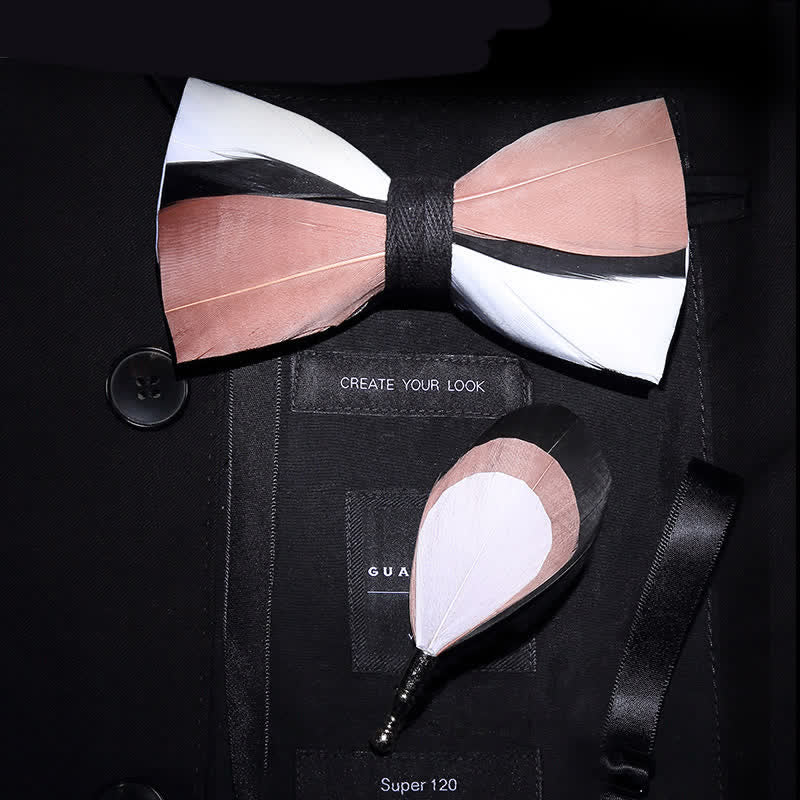 Kid's Pale Pink & White Wavy Feather Bow Tie with Lapel Pin - Adult - image 2