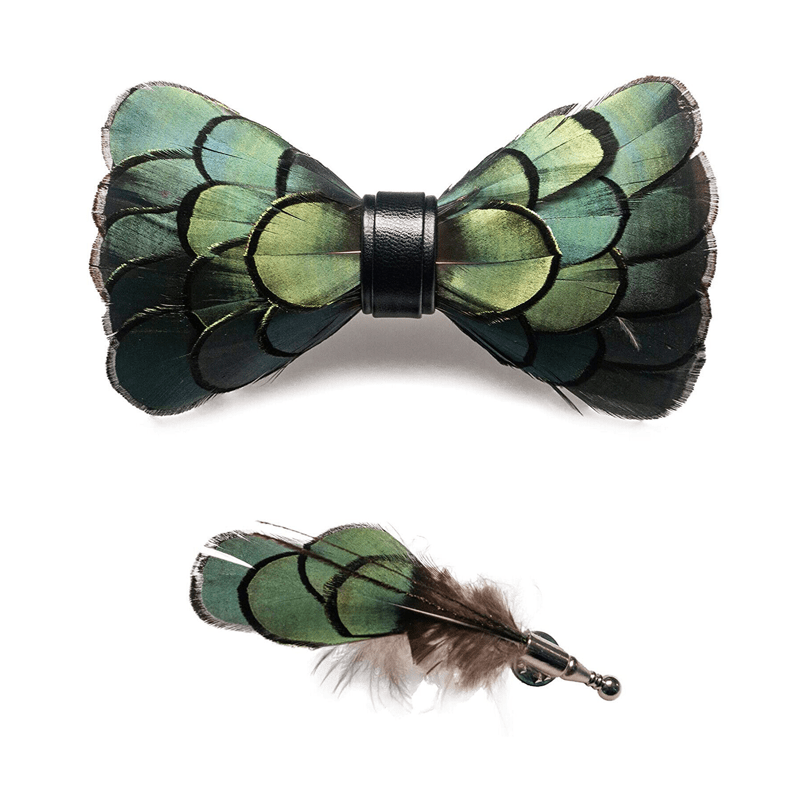 Kid's DarkOliveGreen Classic Feather Bow Tie with Lapel Pin - image 4