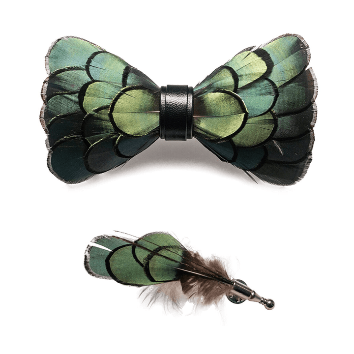 Kid's DarkOliveGreen Classic Feather Bow Tie with Lapel Pin - image 4
