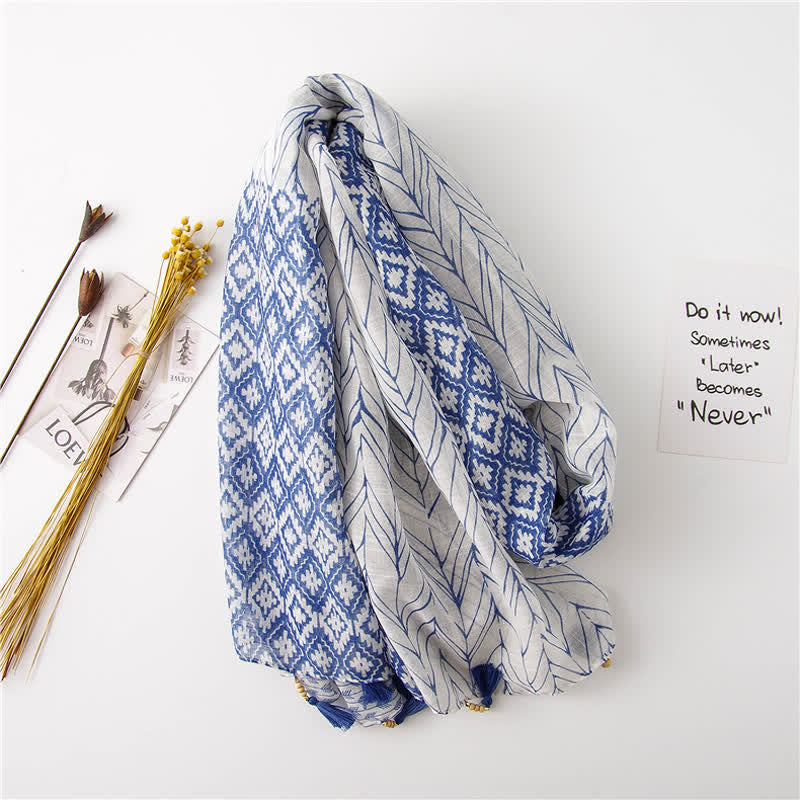 Women's Feather Pattern Beaded Tassels Scarf - image 2