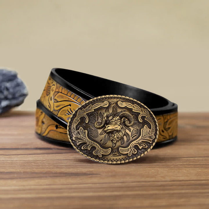 Men's DIY Bronze Wild Goat Head Buckle Leather Belt - Wild Goat - SandyBrown Belt (40) - image 13