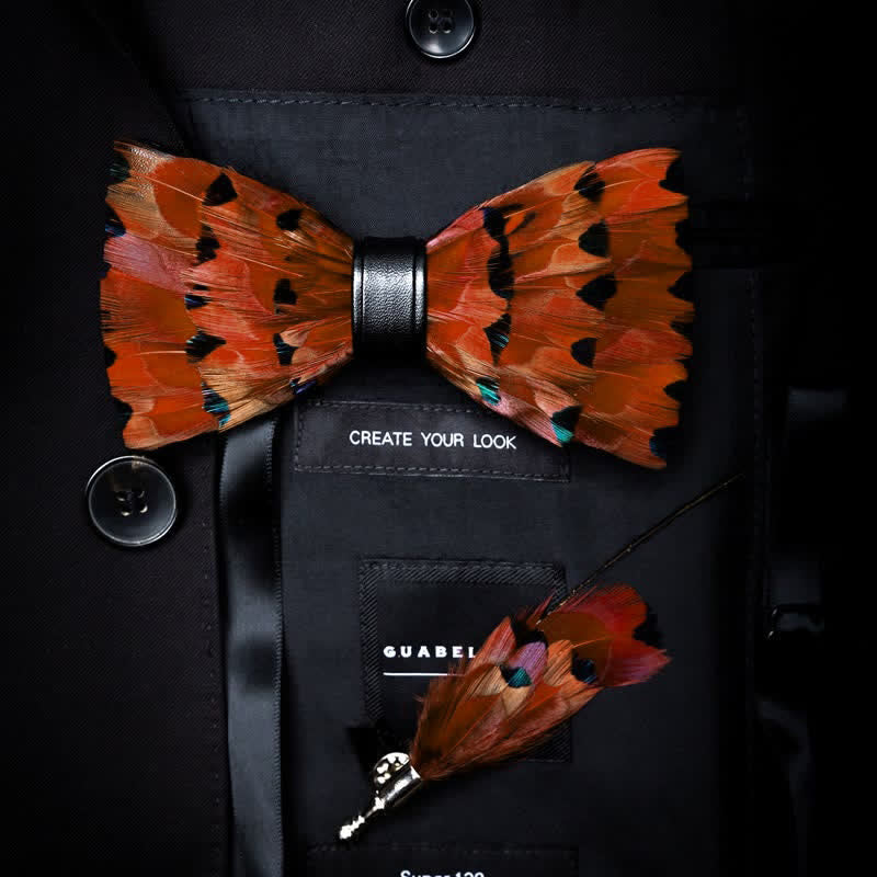 Vibrant Orange Finch Tail Feather Bow Tie with Lapel Pin - Orange - image 0
