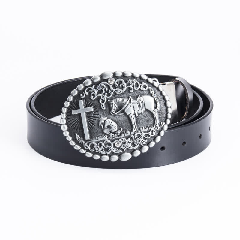 Men's Steed Cross Kneeling Prayer Leather Belt - Iron Linker - Black - 46 - image 17