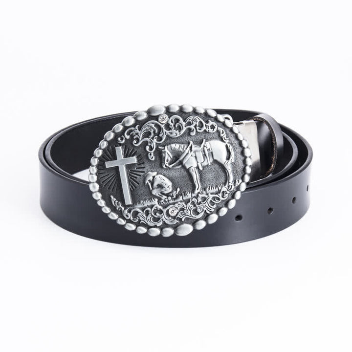 Men's Steed Cross Kneeling Prayer Leather Belt - Iron Linker - Black - 46 - image 17